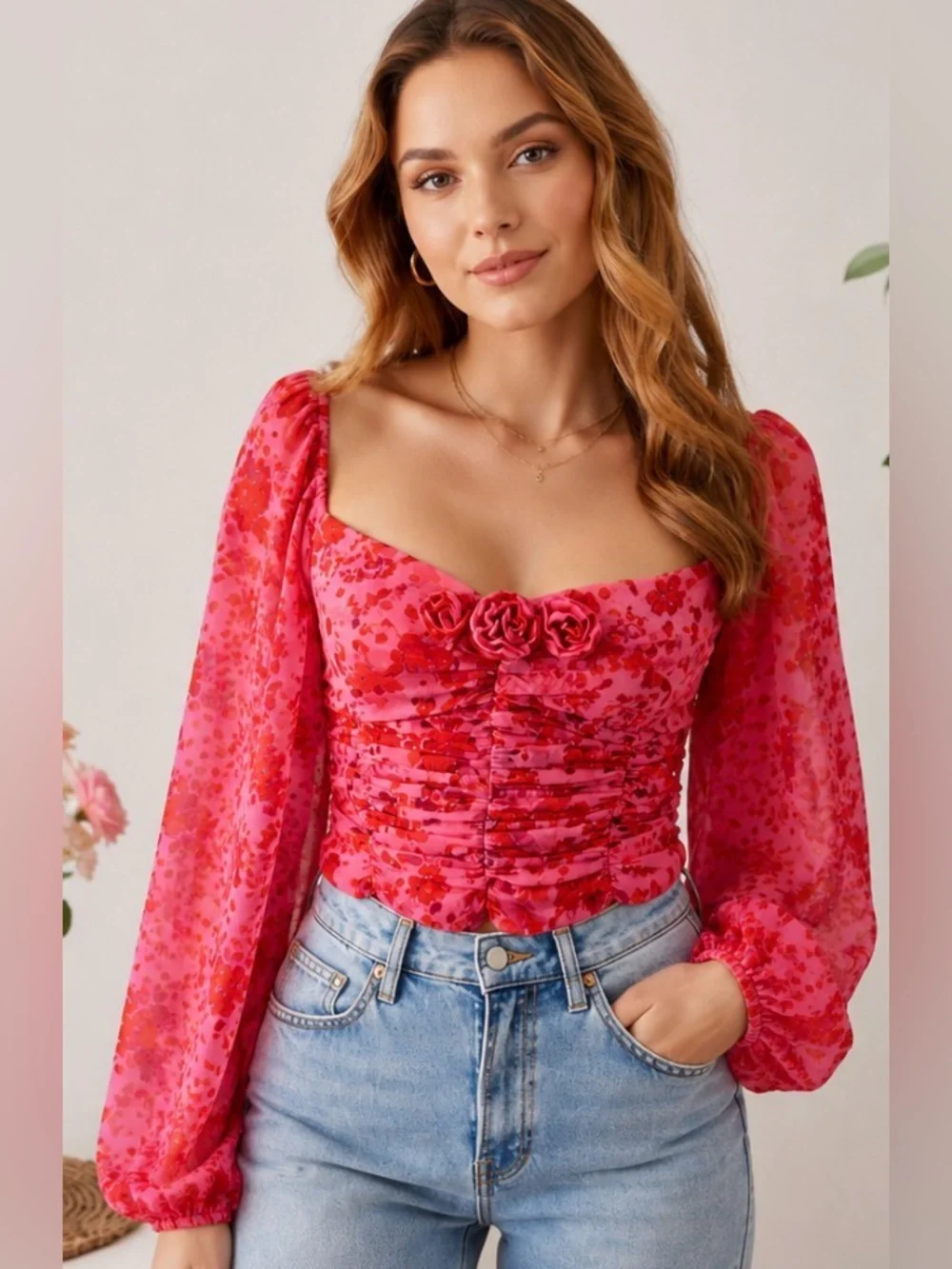 FREE PEOPLE FOREVER FEMME Oh La La TOP SMALL PINK FLORAL RUCHED PUFF SLEEVE